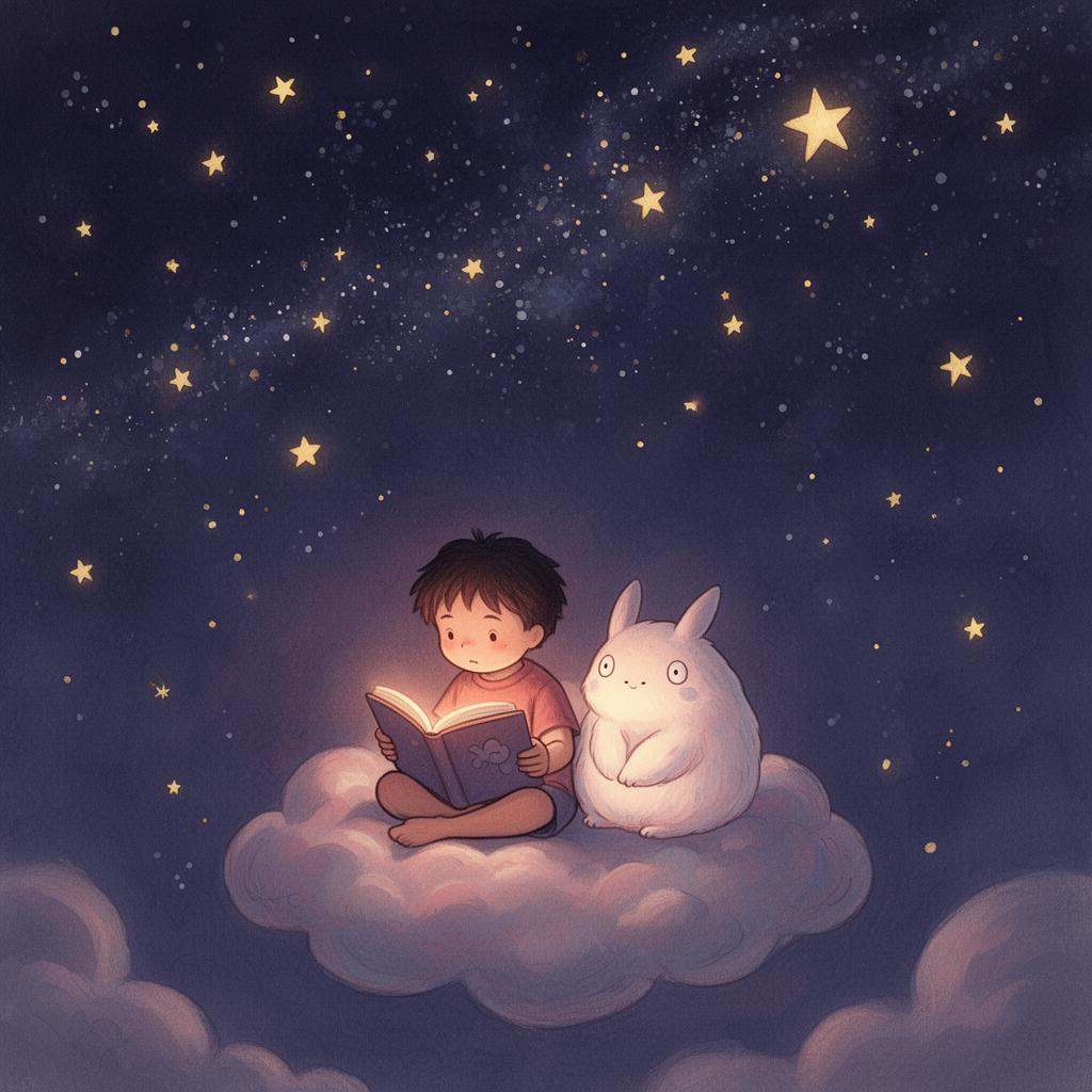 A glowing illustration of a child reading under the stars with a friendly creature beside them